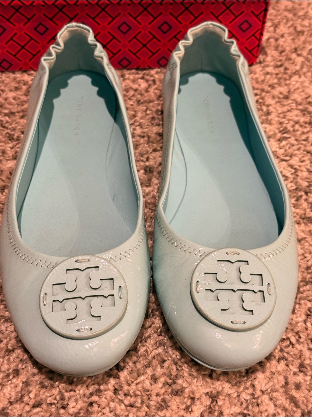 Tory Burch Baby Blue Patent Leather Logo Ballet Flats - Picture 2 of 3